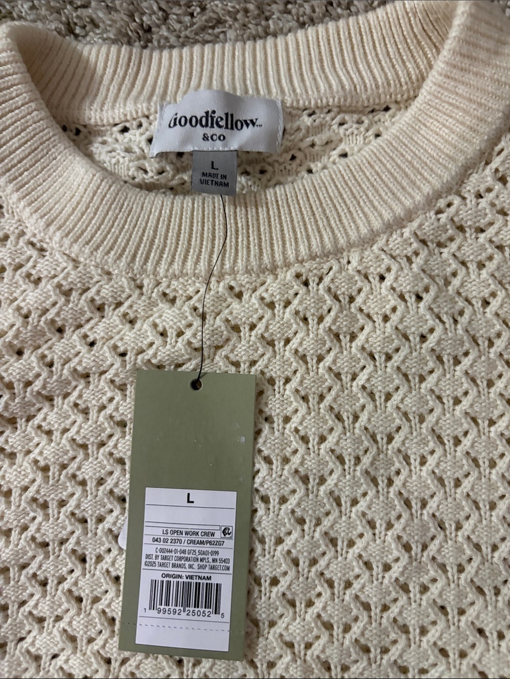 Goodfellow & Co Men’s Cream Open-Weave Crewneck Sweater - Picture 2 of 4